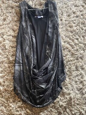 Sleeveless Black Draped Tank Top with Metallic Speckle